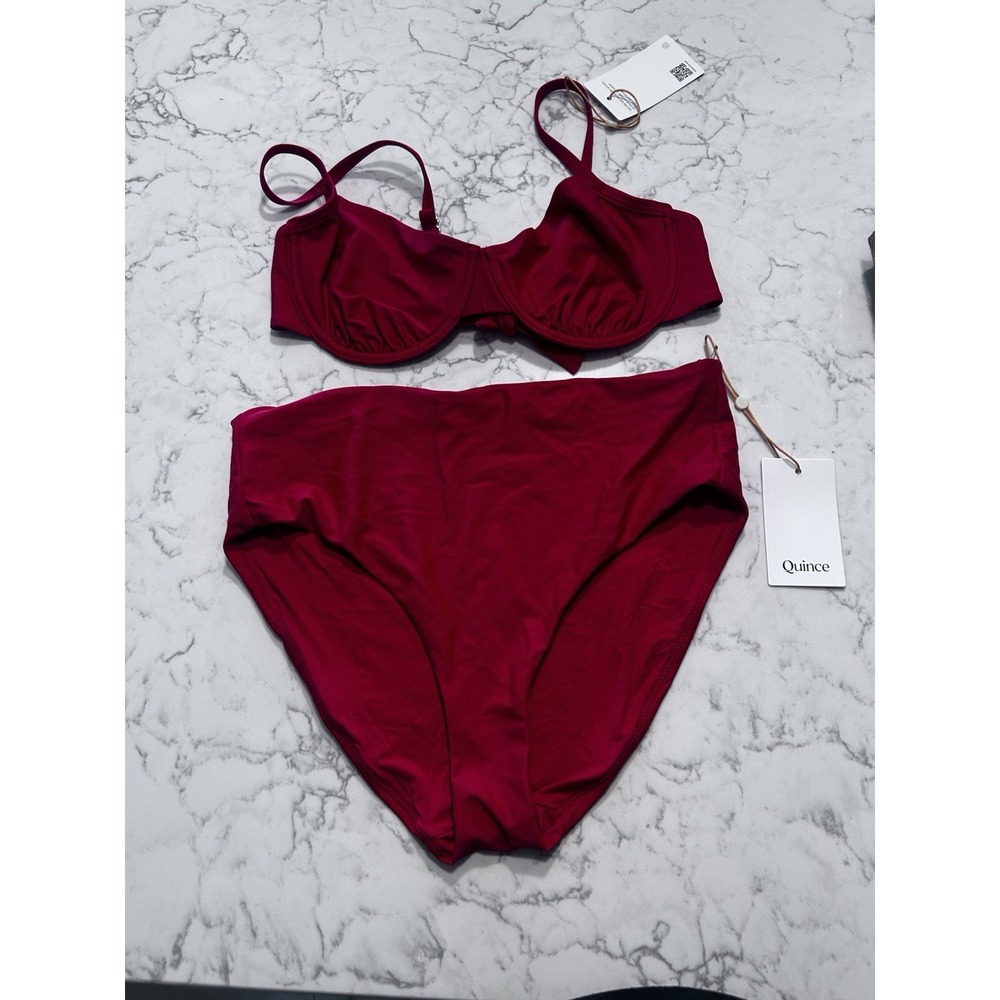 NWT Quince Cherry Red Italian Demi Bikini Top & High Rise Bottoms Set Size Large